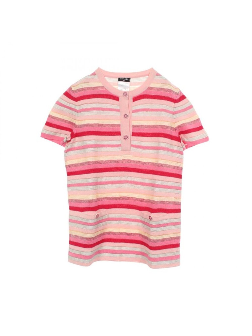 Chanel Top CC Logo Button Henley Neck Border Short Sleeve Pink Rayon Top